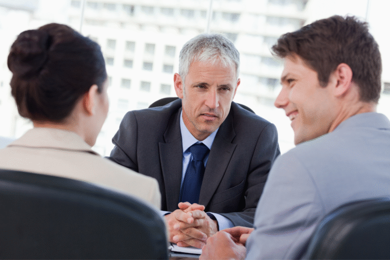 Clients with their banker.