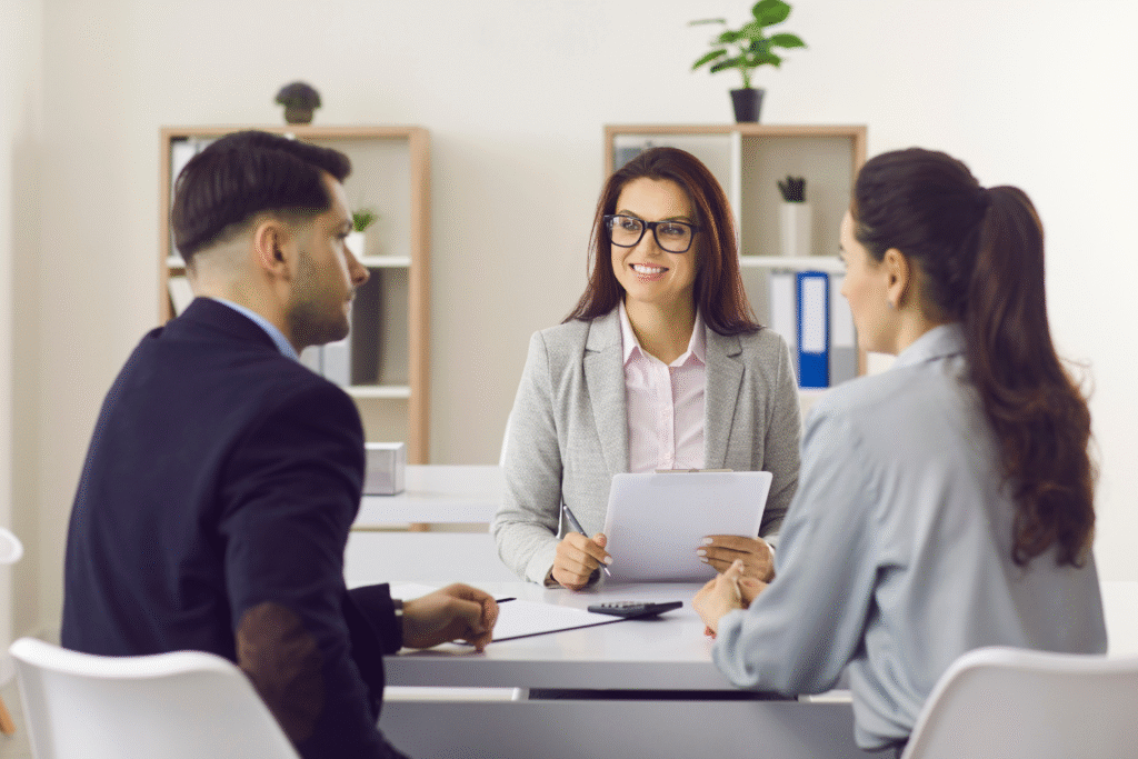 Clients speaking with broker.