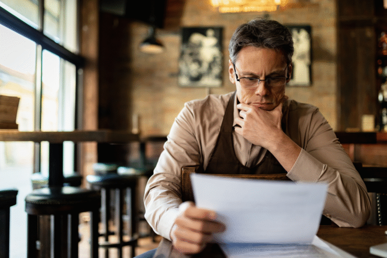 Business owner reading a document.
