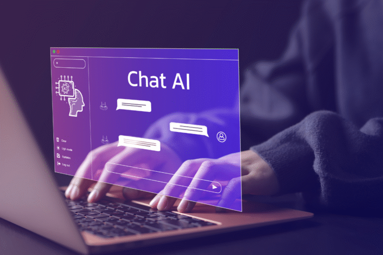 Person using a laptop with an AI chat interface, representing AI assistants in real estate broker searches.