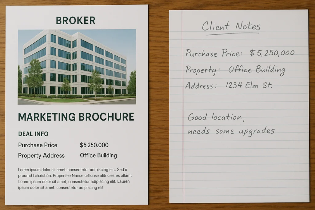 Client notes confirming business broker’s claims match reference details