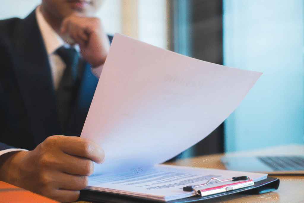 Business owner reviewing a broker’s deal history and industry experience during a meeting