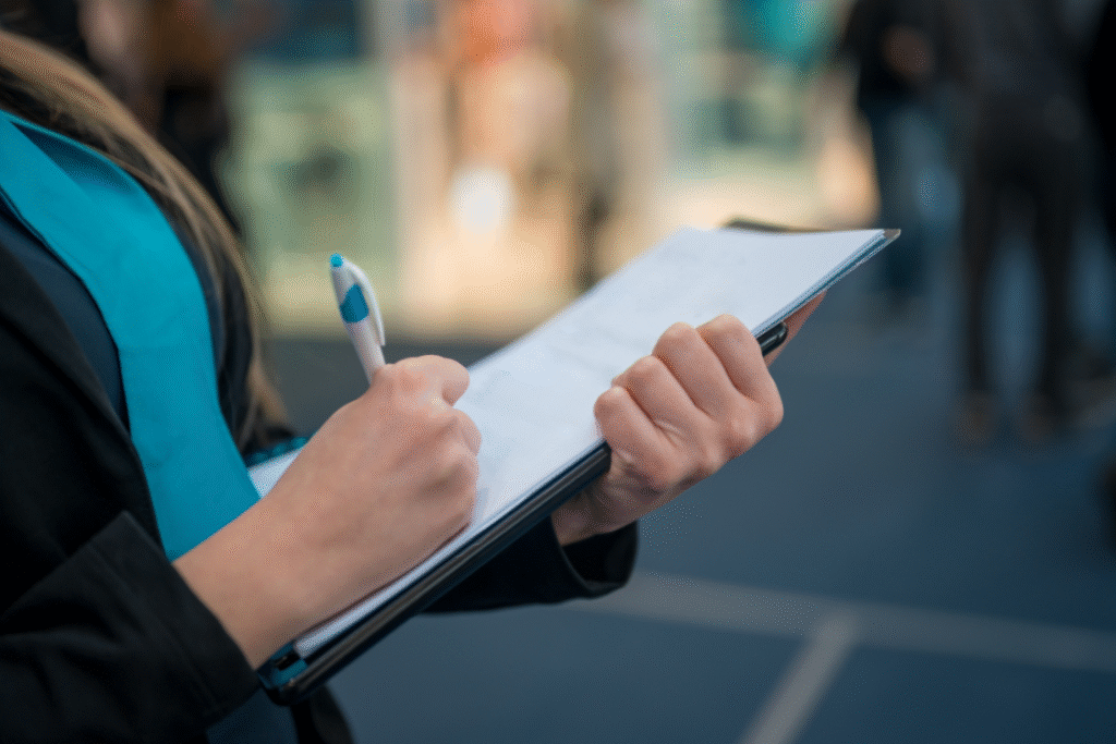 Person holding a checklist of questions for broker buzzwords