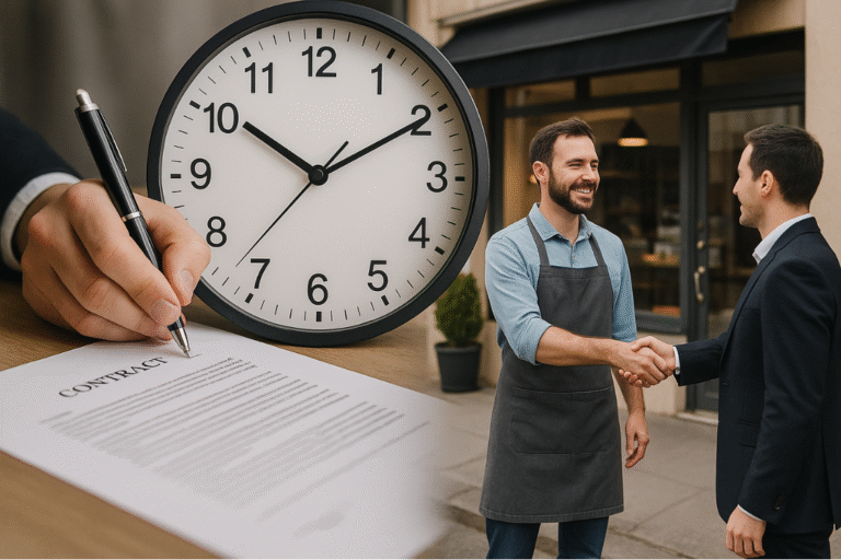 Small business owner finalizing sale with buyer, showing realistic time-to-close.