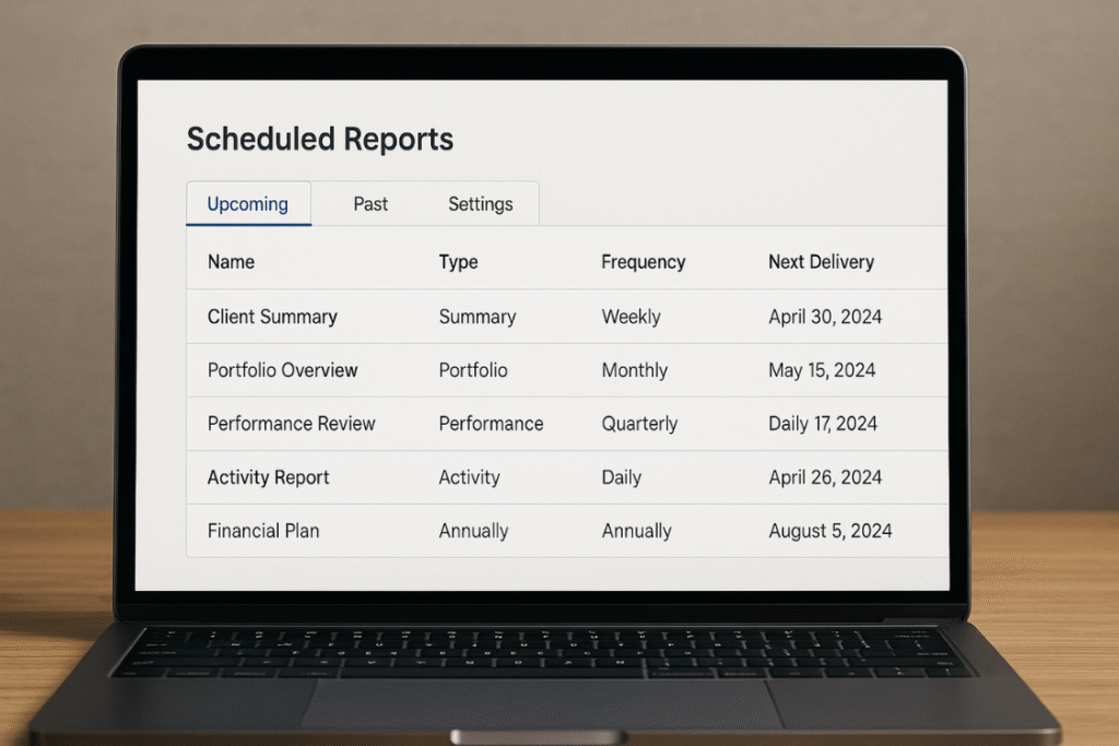 laptop showing broker’s scheduled reporting dashboard