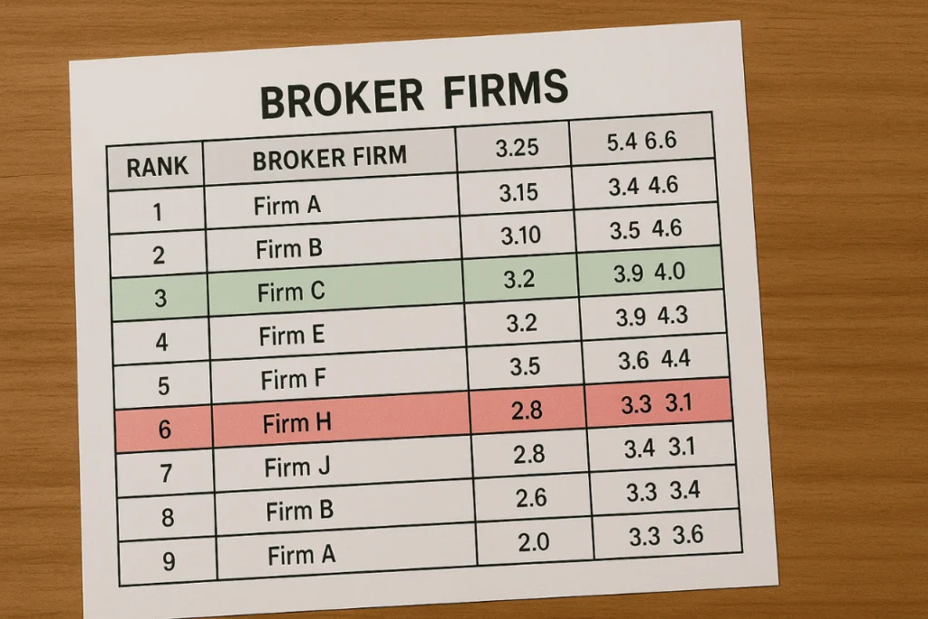 Color-coded scorecard comparing top and low-performing broker firms