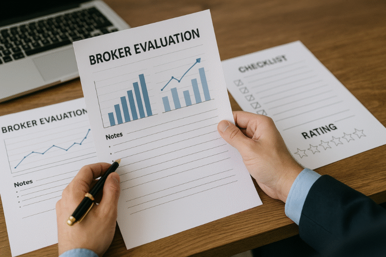 Person reviewing broker evaluation scorecard with checklists and comparison charts