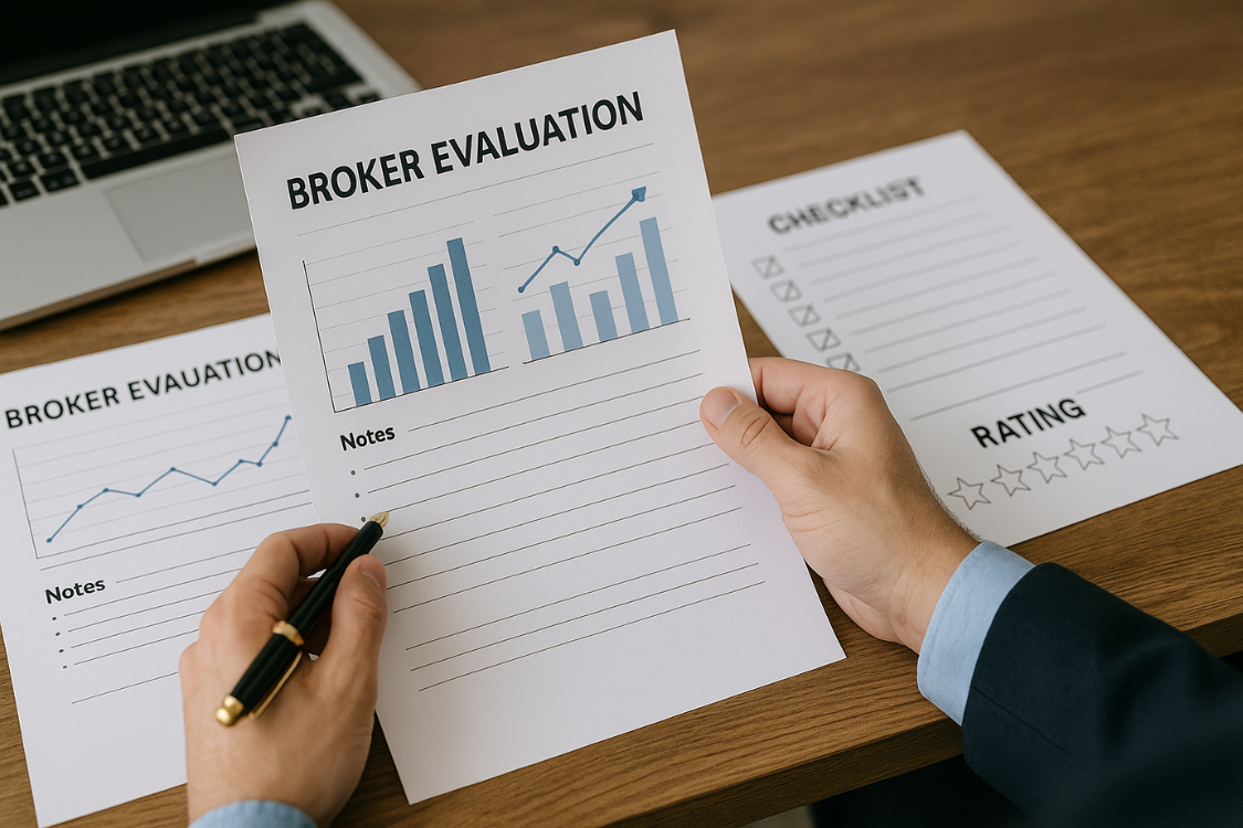Person reviewing broker evaluation scorecard with checklists and comparison charts