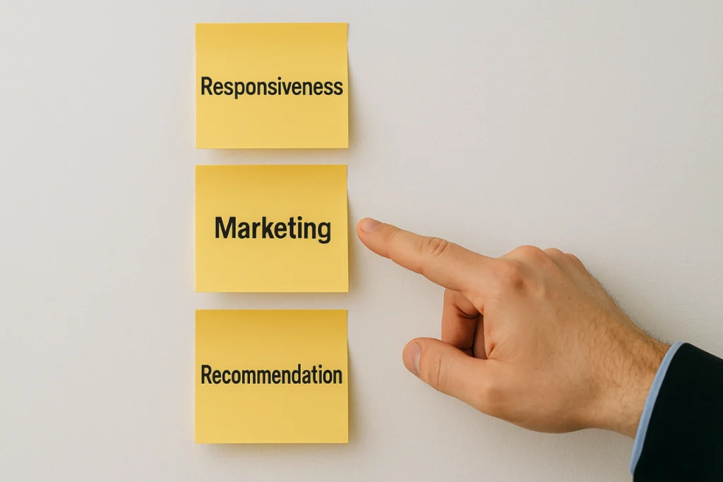 Whiteboard with responsiveness, marketing, and recommendation categories for broker evaluation
