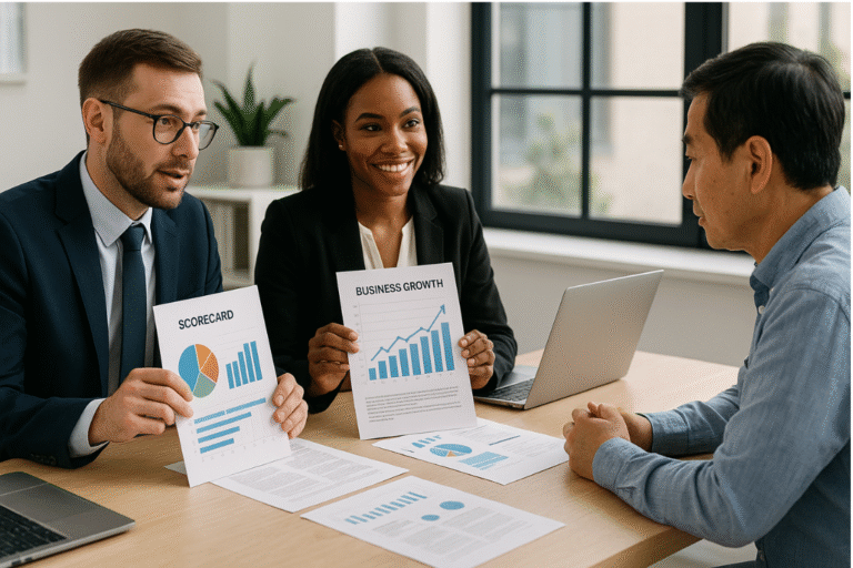Business broker comparing scorecards and financial data for business sales.