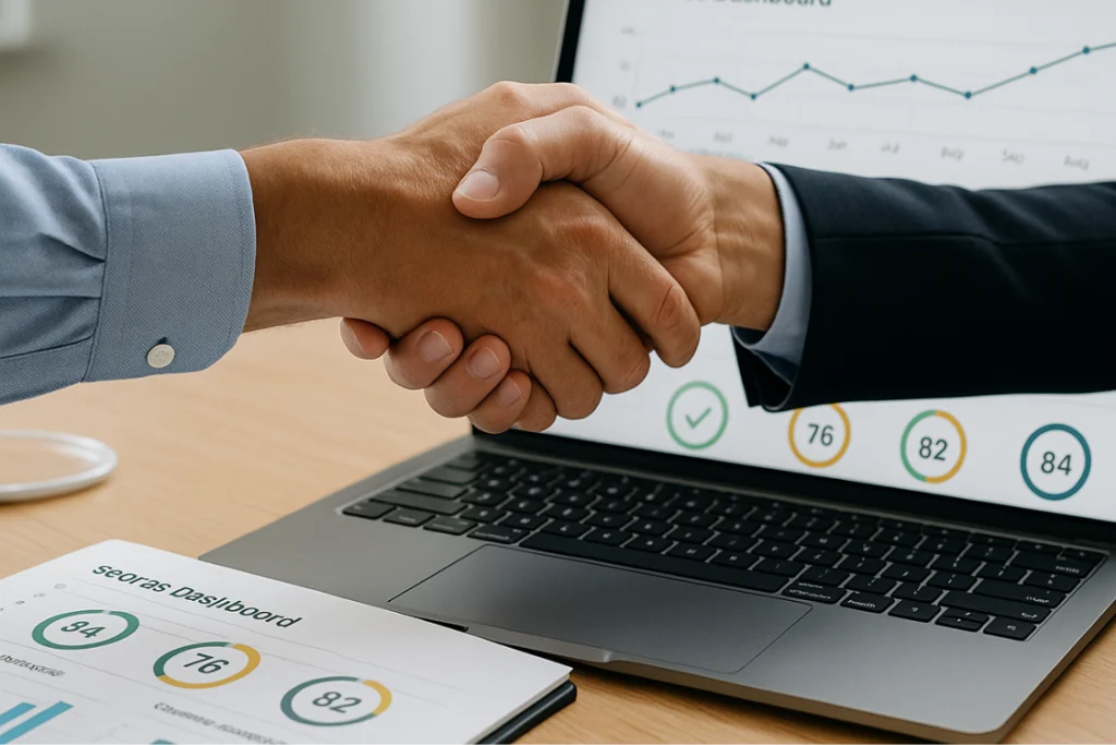 Handshake after data review confirms right business broker.