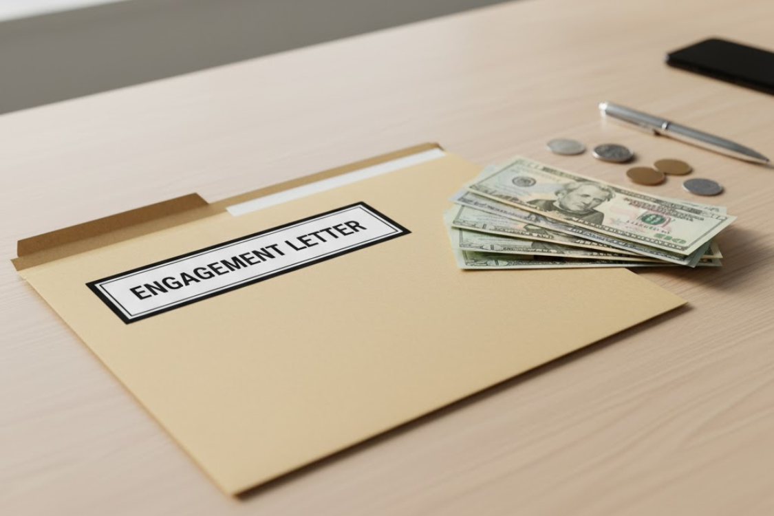 An engagement letter and cash on a desk, representing the importance of outlining broker fees and compensation clearly.