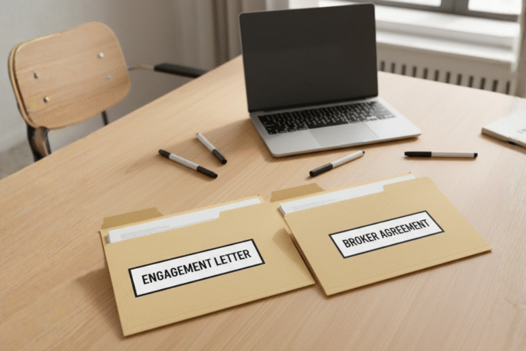 Two document folders on a desk labeled ENGAGEMENT LETTER and BROKER AGREEMENT next to a laptop, illustrating the core difference between the agreements.
