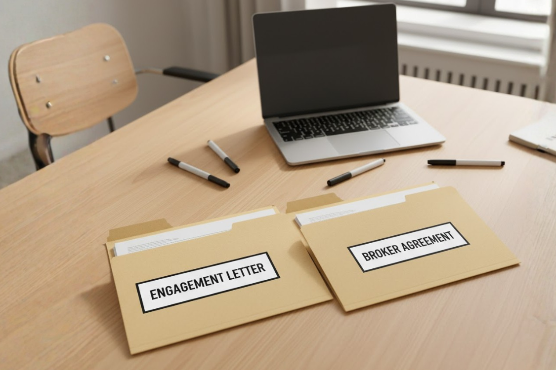 Two document folders on a desk labeled ENGAGEMENT LETTER and BROKER AGREEMENT next to a laptop, illustrating the core difference between the agreements.