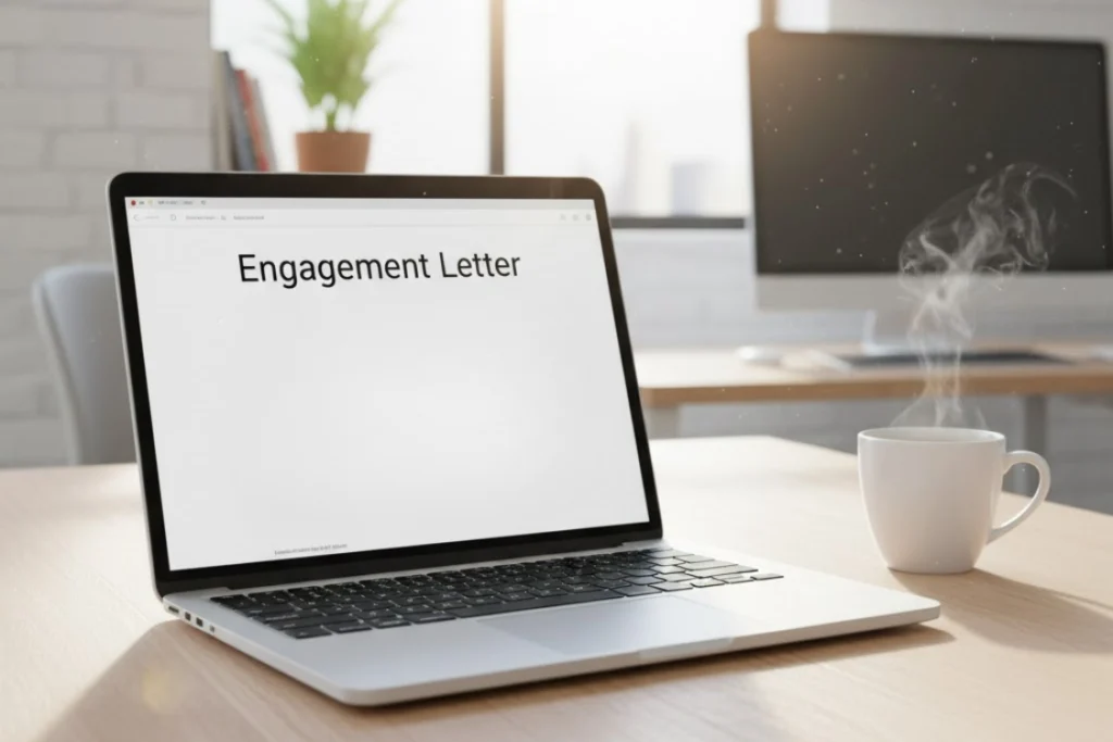 A laptop screen displaying the title "Engagement Letter" on a wooden desk with a steaming mug, showing the digital drafting of important engagement letter clauses.