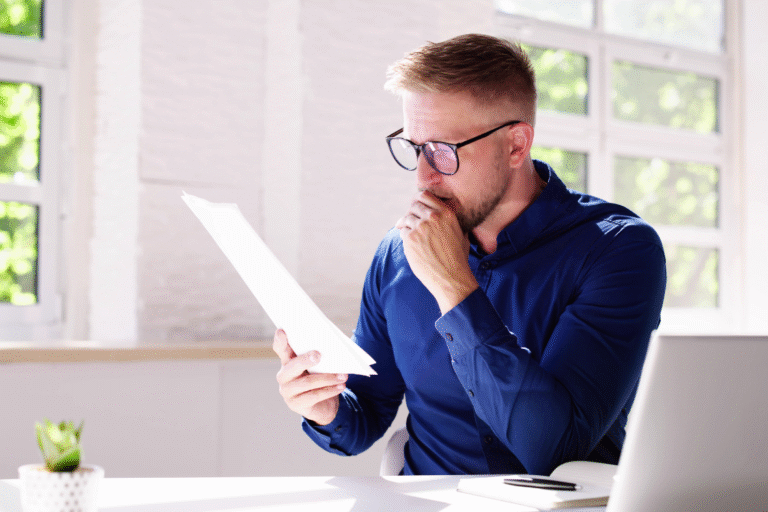 A professional man in glasses carefully reviewing a document, symbolizing a client or broker considering the details of a termination clause or agreement.