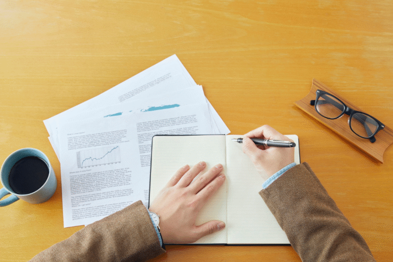 Person reviewing broker interview notes and financial documents during vetting SMB broker interviews
