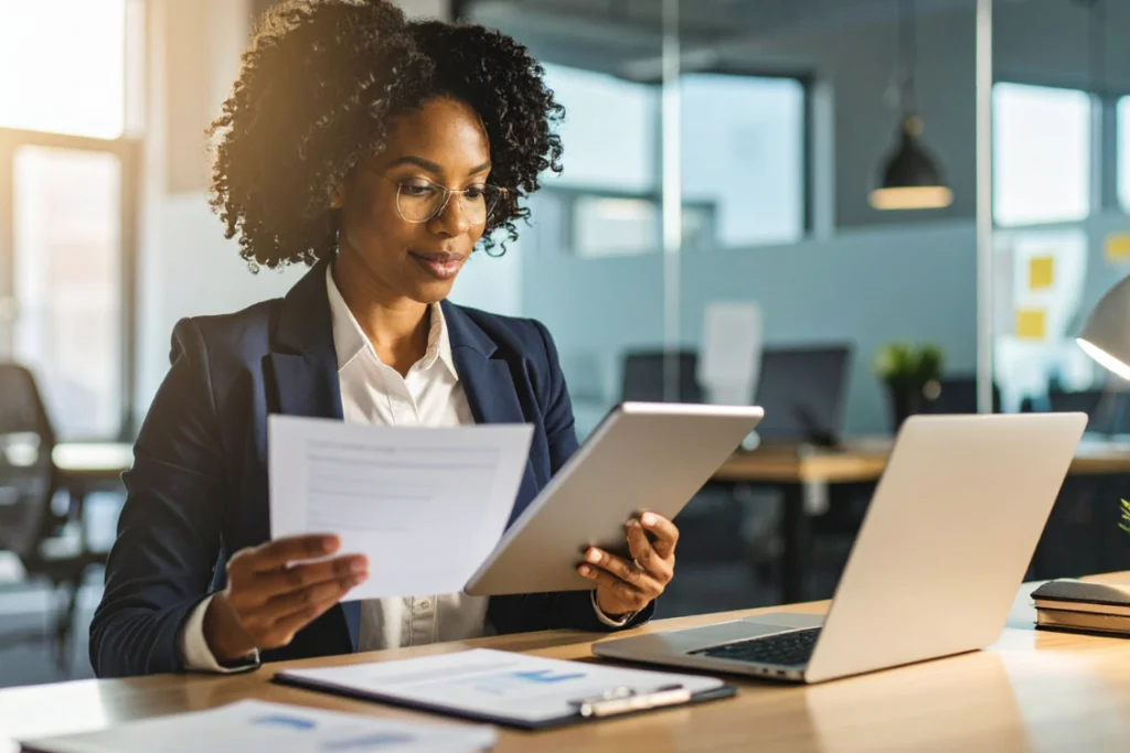 Female business advisor or seller reviewing an exclusivity clause engagement letter and a tablet, demonstrating due diligence in the M&A process.
