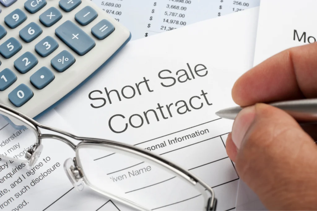Close-up of a person signing a short sale contract with a calculator, illustrating financial terms in an exclusivity clause engagement letter.