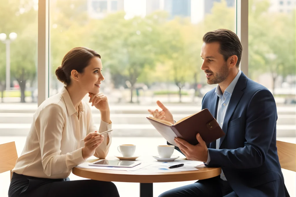Broker and client discussing SMB broker comparison scorecard results over coffee.