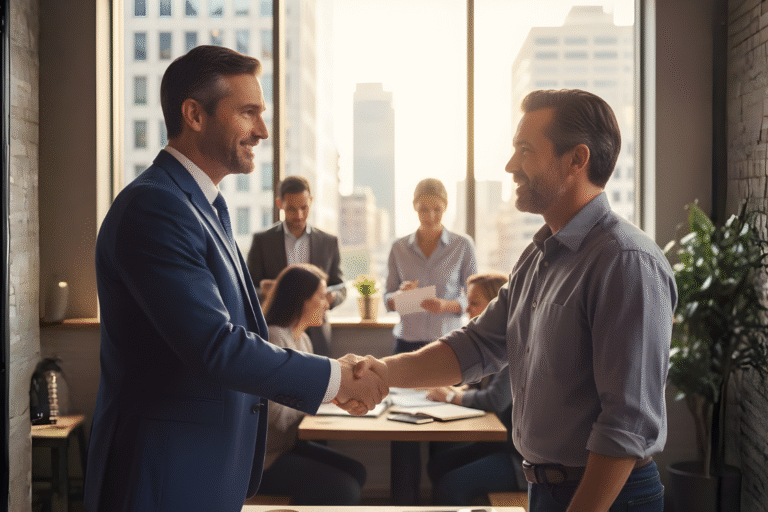 Two business professionals shaking hands after reviewing SMB broker comparison scorecard.