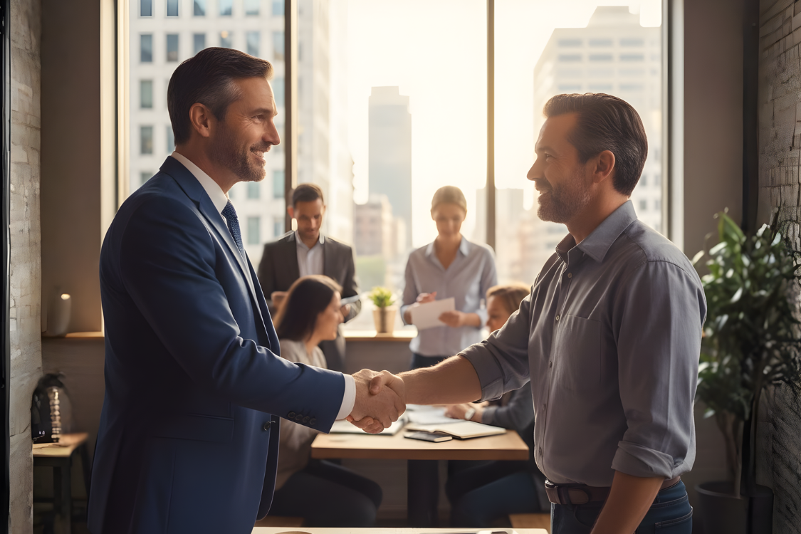 Two business professionals shaking hands after reviewing SMB broker comparison scorecard.