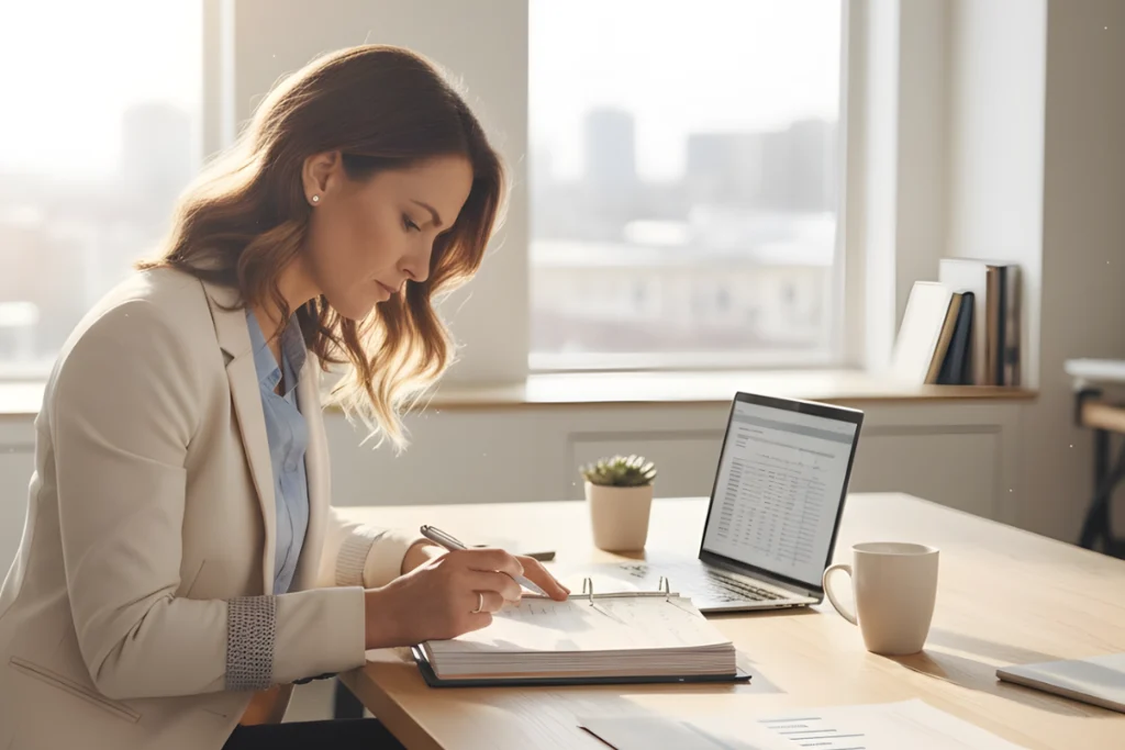 Businesswoman analyzing SMB broker comparison scorecard data at her desk.