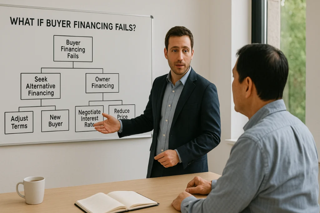 Broker maps financing scenario to guide business transactions.