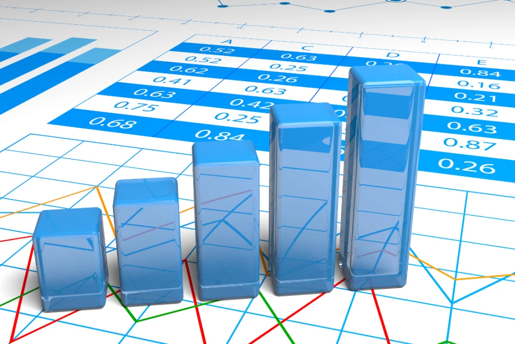 3D blue bar chart and financial data table, representing growth or offers received business sale trends