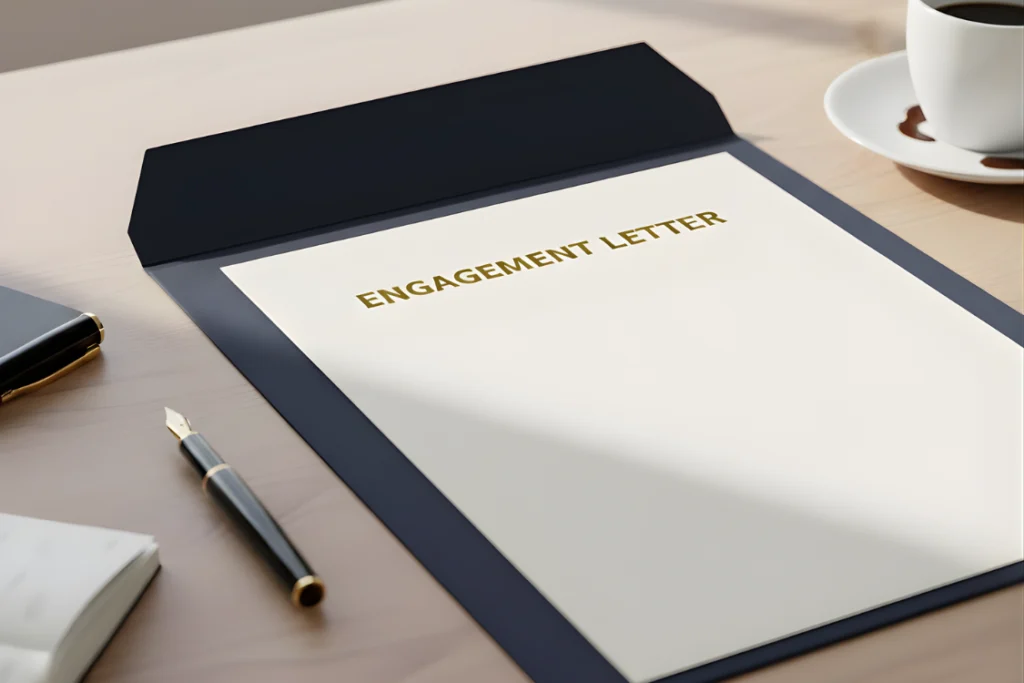 A close-up of a document titled "ENGAGEMENT LETTER" in a professional folder, representing a clean sample engagement letter for business sale template.