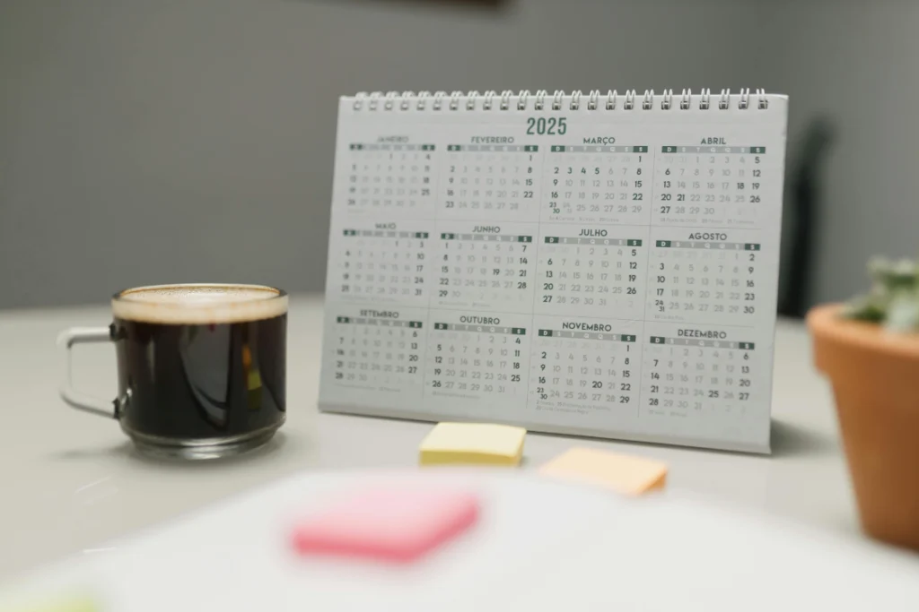 A desk calendar for the year 2025 with a cup of coffee and sticky notes, representing the business listing launch date planning and scheduling process.