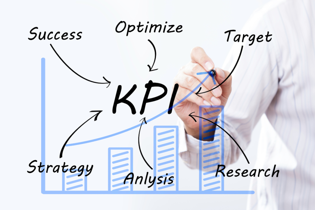 Hand drawing a chart to illustrate selling small business KPIs, strategy, and analysis to hit sales targets and evaluate the company's financial health.