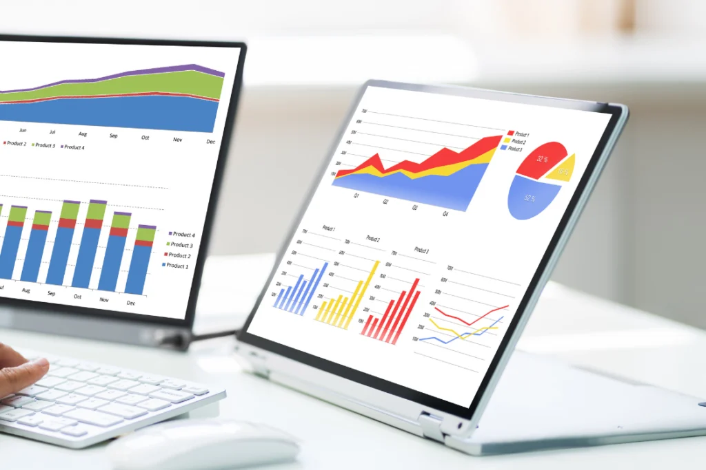 Laptop screens displaying various complex financial charts, graphs, and data visualizations used to track and analyze KPIs for selling a business.