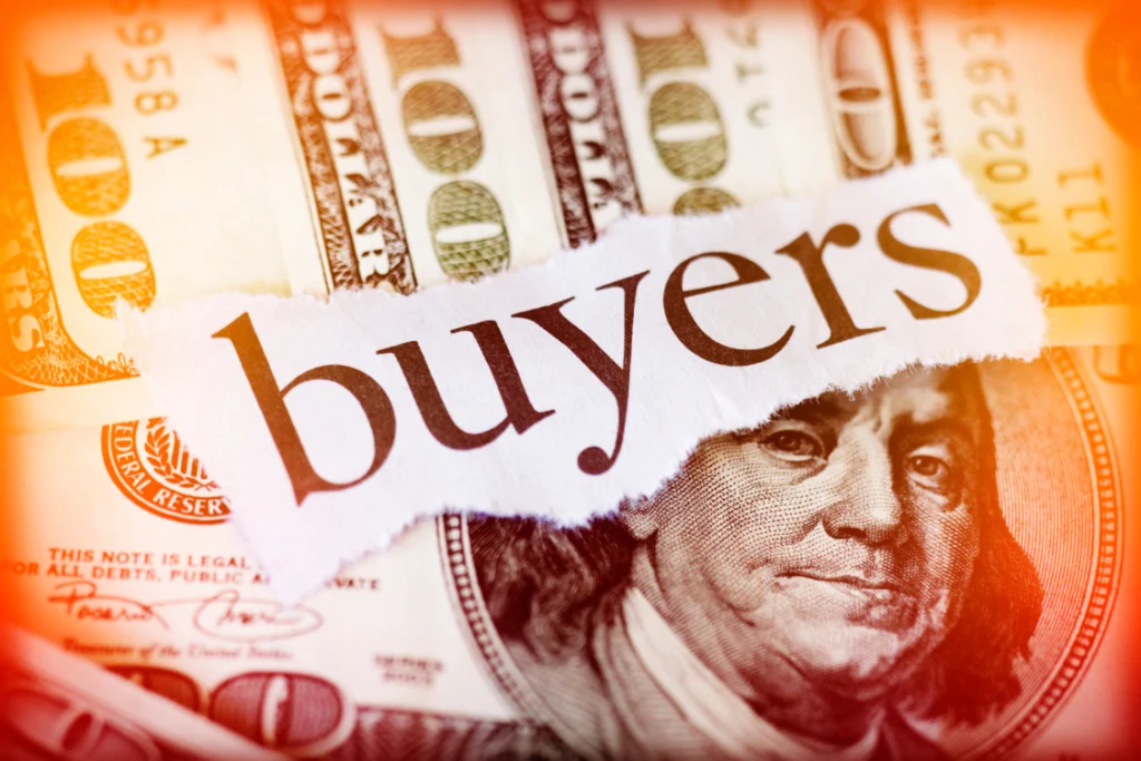 Hundred dollar bills with the word "buyers," emphasizing the financial capacity and proof of funds needed from qualified leads for business sale.