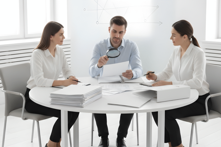 Three financial analysts perform due diligence on documents, with the central analyst using a magnifying glass, representing a detailed private business valuation review