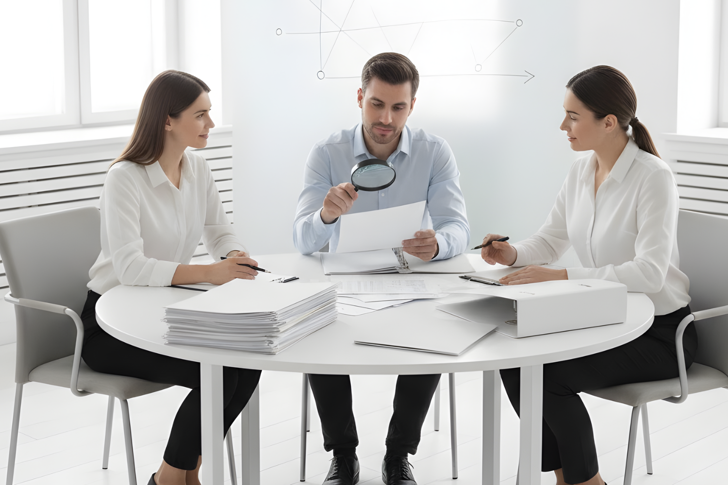 Three financial analysts perform due diligence on documents, with the central analyst using a magnifying glass, representing a detailed private business valuation review