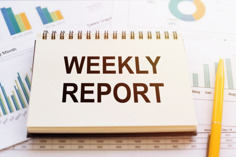 - A “WEEKLY REPORT” notebook on financial charts, used in weekly KPI tracking for business sale to review lead volume and performance metrics.