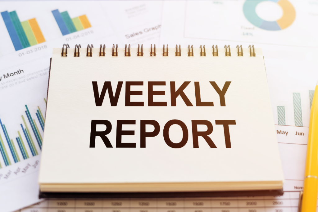 A notepad for a WEEKLY REPORT review of selling small business KPIs to track progress and analyze the sales process. Essential for sales leaders.