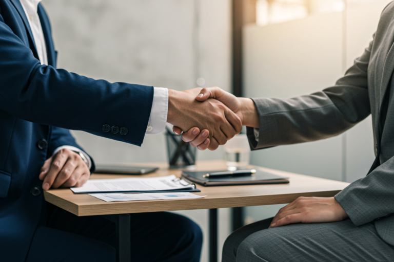 Two professionals in suits shaking hands across a table with a contract, symbolizing a business sale or negotiation finalized after determining the business valuation cost.