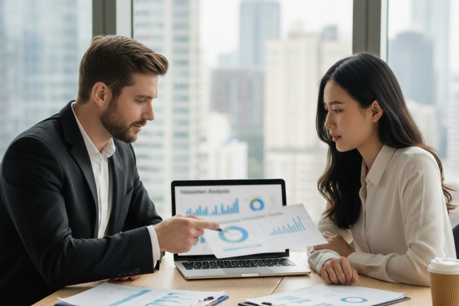 Small business owner reviewing a business valuation report with a professional advisor at a desk, laptop and financial charts visible, illustrating a practical business valuation guide for small business owners.