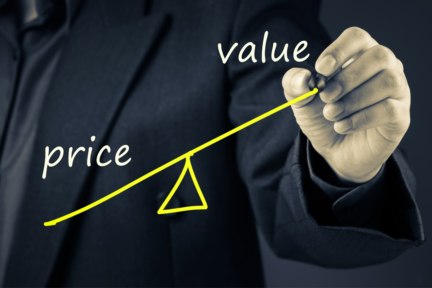A hand drawing a seesaw with the word price on one end and value on the other, illustrating the balance and factors that determine the final business valuation cost.