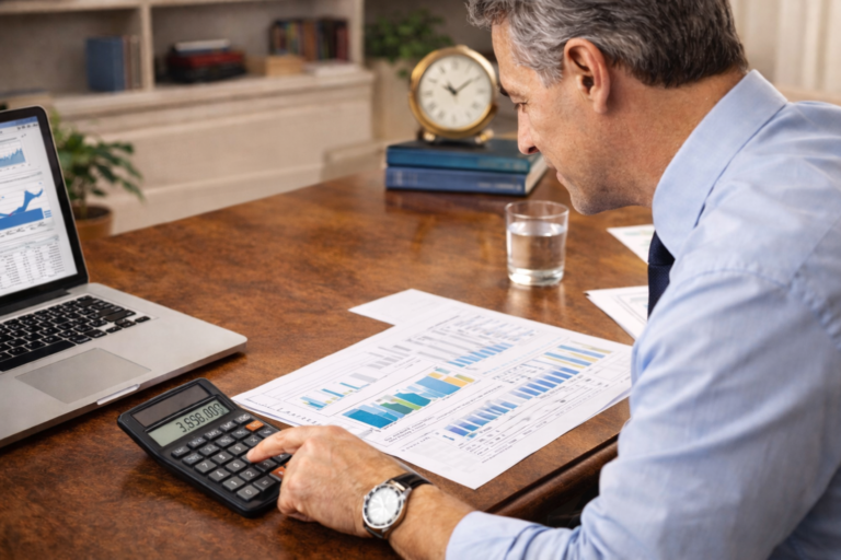 Man looks at the documents while computing on calculator.