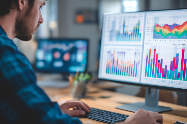 A person looks at multiple monitors displaying various charts and graphs with data visualizations.