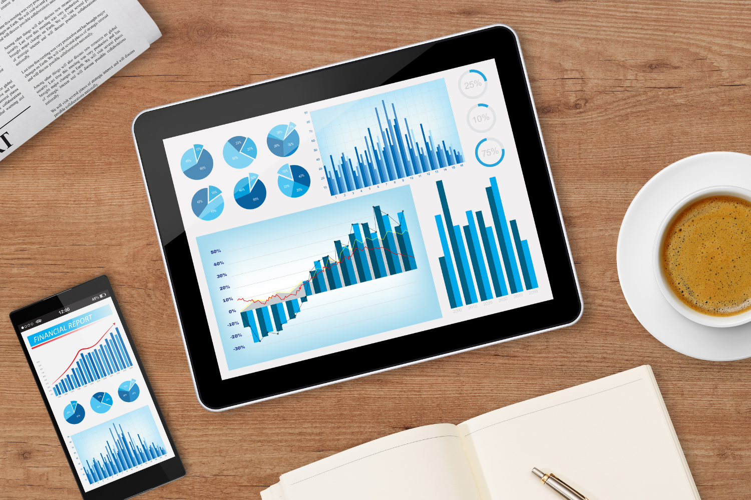 Graphs on a tablet and phone.