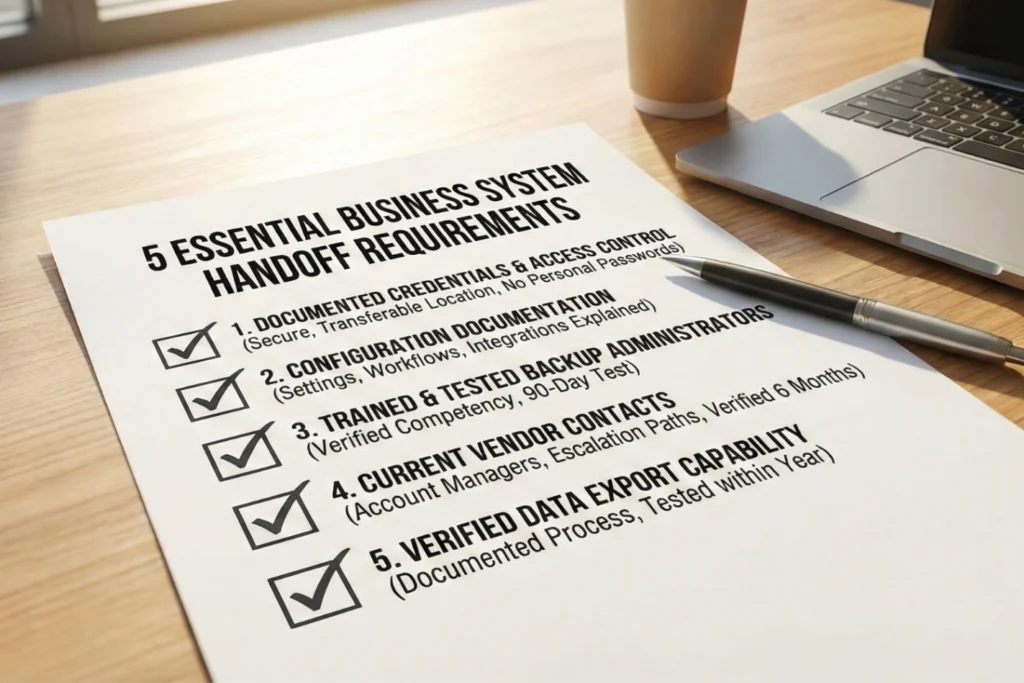 Printed checklist of five verified handoff requirements on a desk