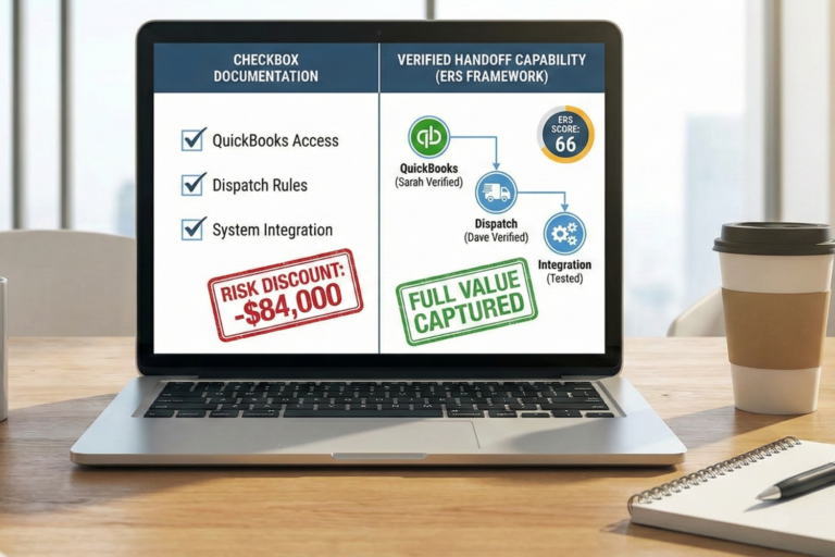 Laptop screen comparing basic documentation with verified handoff framework.