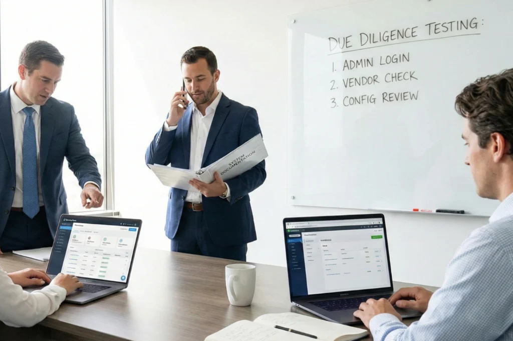 Team in a modern office reviewing laptops and a whiteboard checklist.