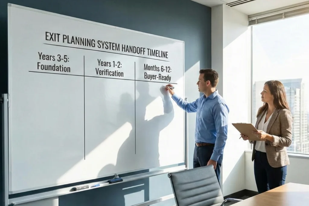 Two people at a whiteboard outlining a multi-year exit planning timeline.
