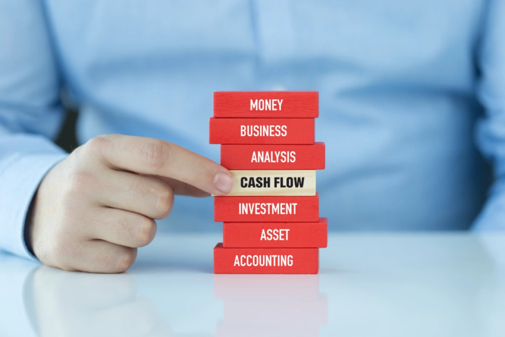 A hand points to a stack of blocks with financial terms. The blocks read: Money, Business, Analysis, Cash Flow, Investment, Asset, and Accounting.