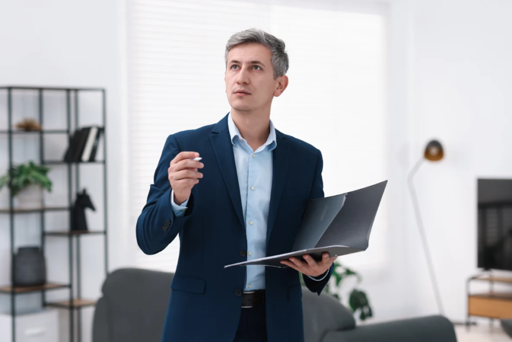 A man holds a pen and folder while figuring out something.